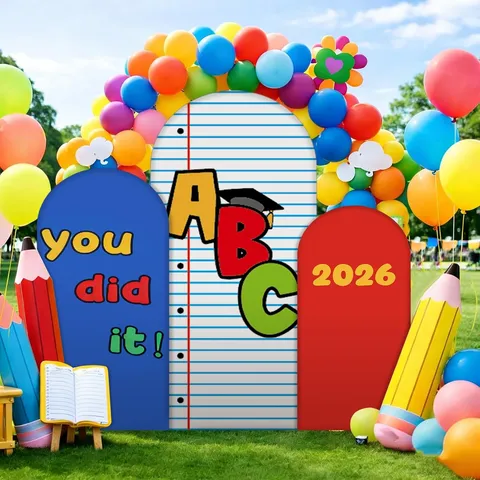 Cartoon ABC Abschluss Thema Bogen Hintergrund Abdeckung Kit Kinder Kindergarten Foto Set Event Party Hintergrund Deko