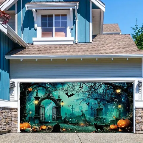 Bannière de Porte de Garage Halloween Imprimé Squelette Sorcière Citrouille Maison Hantée Polyester Décoration de Fête Extérieure Tenture