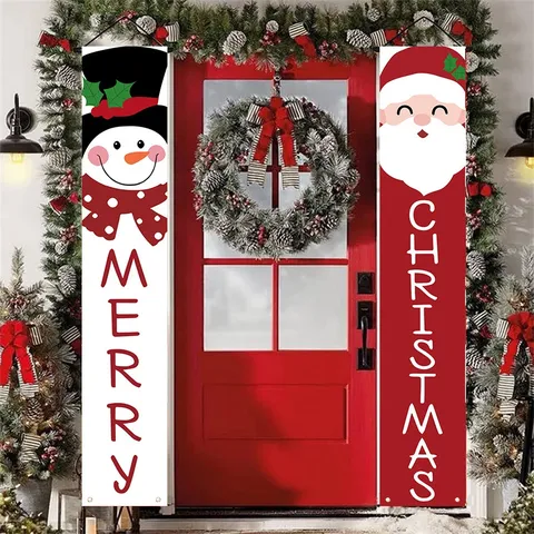 Vintage Cartoon Christmas Porch Banner Welcome Sign Outdoor Hanging Decor Santa Snowman Printed Holiday Party Door Decoration