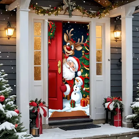 Christmas Door Curtain Santa Claus Snowman Gingerbread Man Printed Polyester Porch Hanging Banner For Holiday Decor