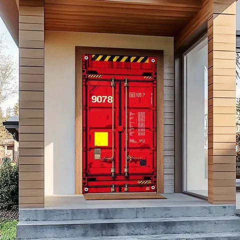 Industrial Red Shipping Container Door Curtain Realistic 3D Printed Polyester Door Cover For Garage Yard Home Decor