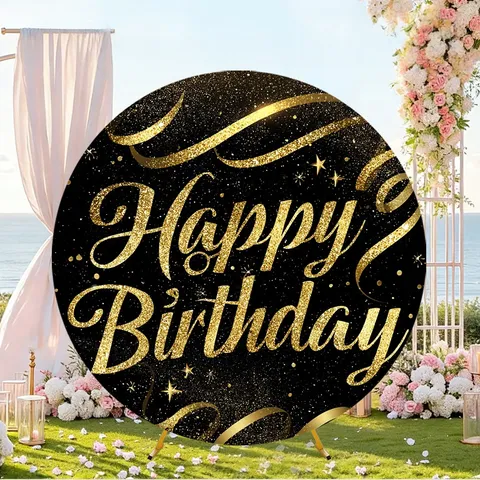 Round Happy Birthday Backdrop Cloth Polyester Printed Party Decoration Photography Prop For Event Celebration Birthday Background