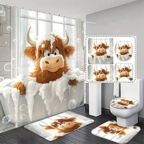 Cortina de Ducha y Alfombra de Vaca de las Tierras Altas Baño de Burbujas Impermeable Poliéster Colección de Accesorios de Baño