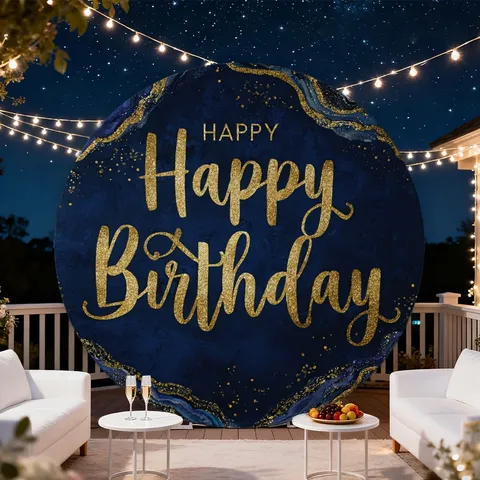 Round Happy Birthday Backdrop Cloth Polyester Printed Party Decoration Photography Prop For Event Celebration Birthday Background