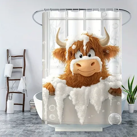 Cortina de Ducha y Alfombra de Vaca de las Tierras Altas Baño de Burbujas Impermeable Poliéster Colección de Accesorios de Baño