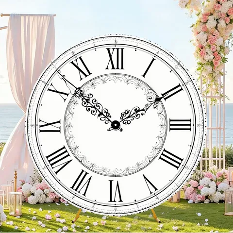 Runde Retro-Uhr Hintergrundtuch Polyester Kreis Hintergrund Für Hochzeit Neujahrsfeier Römische Ziffern Fotohintergrund Dekoration
