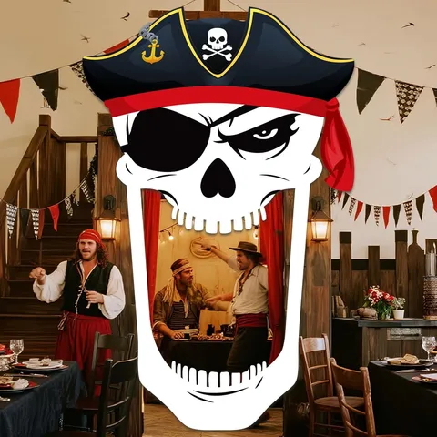 Pirate Skull Theme Halloween Party Backdrop Door Curtain Banner For Birthday Theme Party Decorations Polyester Fabric Hanging Flag