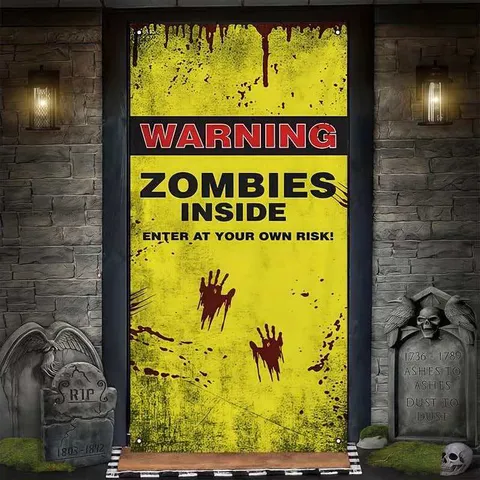 Halloween Zombie Warning Door Curtain Zombies Inside Caution Banner Horror Blood Handprint Party Backdrop Haunted House Decoration