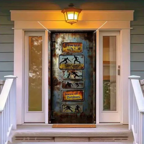 Halloween Zombie Warning Door Curtain Zombies Inside Caution Banner Horror Blood Handprint Party Backdrop Haunted House Decoration