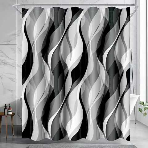 Modern Minimalist Black And White Geometric Wave Print Shower Curtain Waterproof Polyester Bathroom Decor Shower Curtain Set