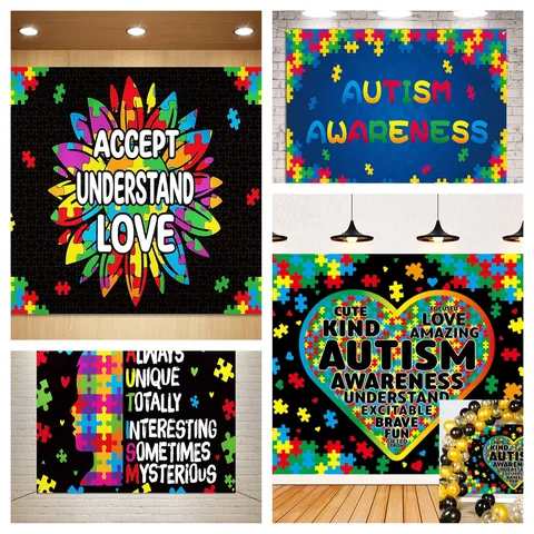 Autism Awareness Backdrop Polyester Photography Background Puzzle Heart Sunflower Pattern Decorative Tapestry For Event Charity Banner