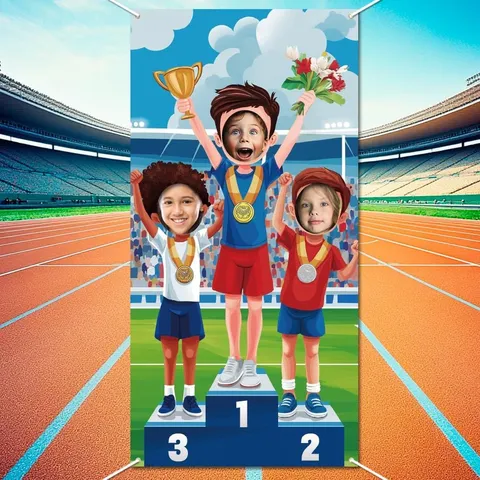 Cartoon Kinder Sportfest Podium Foto Hintergrund Banner Pongee Stoff Stadion Thema Gesicht Im Loch Foto Requisite Party Dekoration