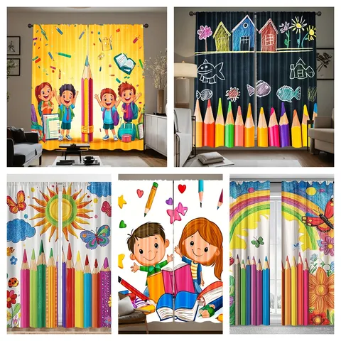Cartoon Rainbow Pencil Children Bedroom Curtains Back To School Theme Printed Living Room Window Decoration Panels