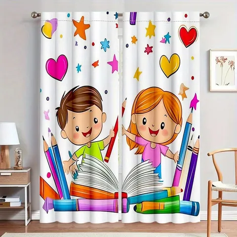 Cartoon Rainbow Pencil Children Bedroom Curtains Back To School Theme Printed Living Room Window Decoration Panels