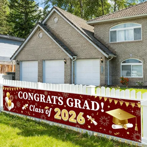 Congrats Grad Banner Class of 2026 Graduation Decorations Large Fabric Backdrop For Outdoor Garden Fence Party Supplies