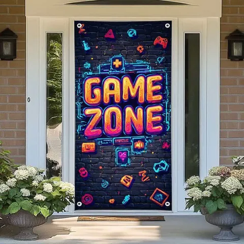 Rideau de Porte Thème Game Zone Décoration de Chambre de Joueur Style Graffiti Couverture de Porte en Tissu de Polyester