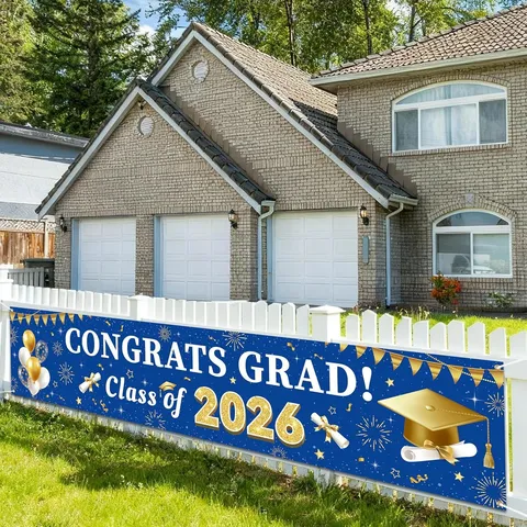 Congrats Grad Banner Class of 2026 Graduation Decorations Large Fabric Backdrop For Outdoor Garden Fence Party Supplies