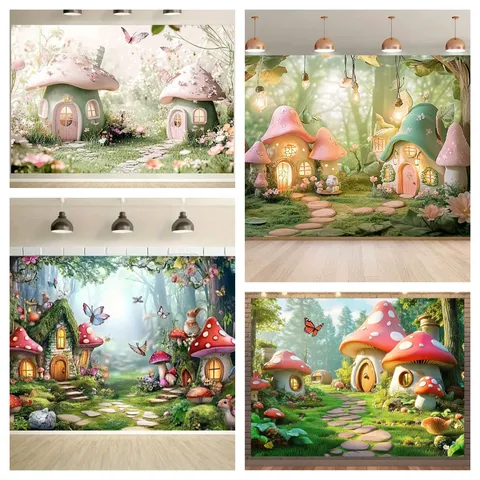 Sfondo Foresta Casa Fungo delle Fiabe Pongee Poliestere Cartone Animato Sogno Decorazione Parete per Compleanno Bambini Festa Fotografia