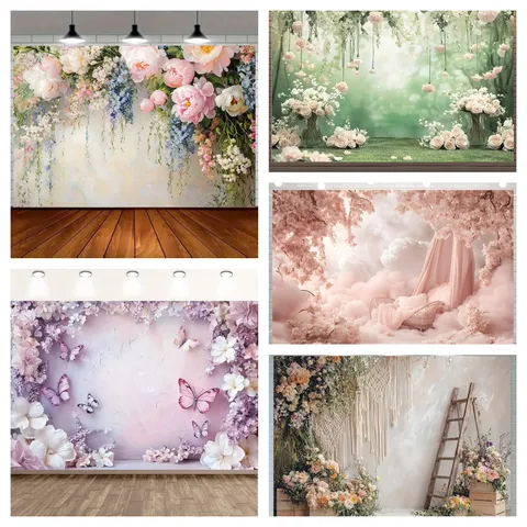 Blumenwand Thema Fotografie Hintergrund Träumerischer Blumengarten Schmetterling Hintergrundtuch Polyester Wandbehang Für Hochzeit Party Fotostudio Requisite
