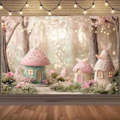 Sfondo Foresta Casa Fungo delle Fiabe Pongee Poliestere Cartone Animato Sogno Decorazione Parete per Compleanno Bambini Festa Fotografia