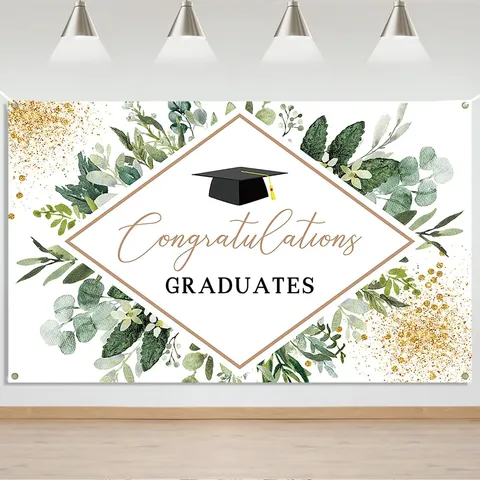 Graduation Backdrop Green Plant Print Congrats Grad Photography Background For Ceremony Party Decoration Graduation Wall Decor