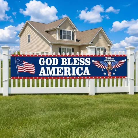USA 250th Anniversary Independence Day Banner Flag Outdoor Patriotic Yard Fence Decoration Red White Blue Polyester Hanging Sign