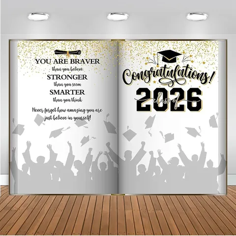 Fond de Photographie Promo 2026 Saison des Diplômes Forme de Livre Félicitations Poudre d'Or Décoration Fête de Remise de Diplômes
