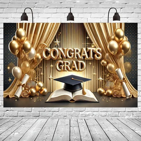 Polyester Graduation Backdrop Congrats Grad Black Gold Photography Background Banner Decorations Ceremony Celebration Supplies