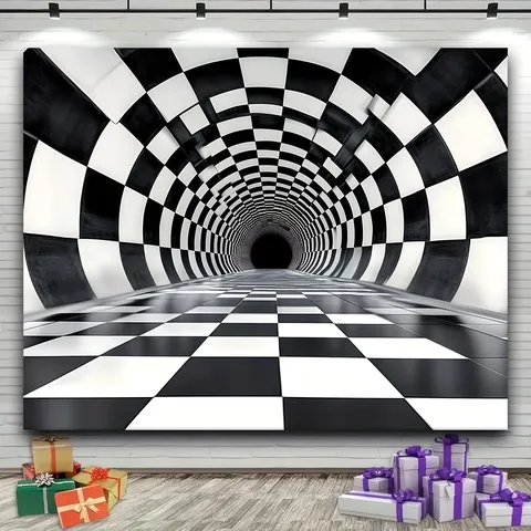 Black And White Checkerboard Tunnel Photography Backdrop Polyester Pongee 3D Vision Wall Hanging Party Banner Background Cloth