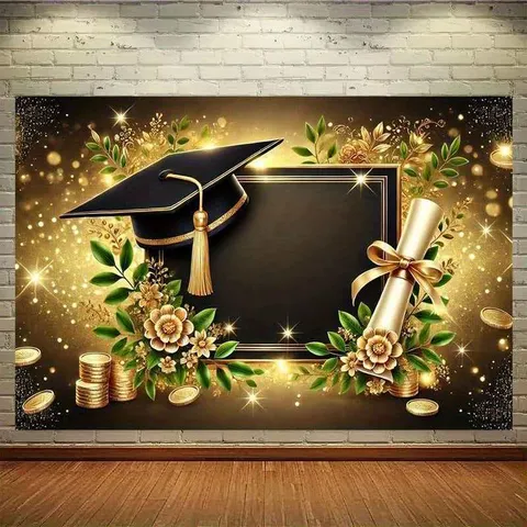 Polyester Graduation Backdrop Congrats Grad Black Gold Photography Background Banner Decorations Ceremony Celebration Supplies
