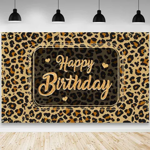 Leopardmuster Happy Birthday Hintergrund Wild Party Fotografie Hintergrund Gold Glitzer Herz Wildtier Deko Polyester