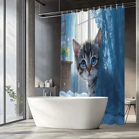 Cartoon Cat Shower Curtain Waterproof Polyester Bathroom Decor With Hooks Digital Printed Cute Kitty Bath Curtain For Home Bathroom