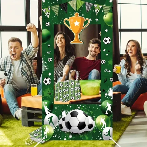 Soccer Theme Party Backdrop Football Trophy Pattern Photo Booth Prop Polyester Sports Event Decoration Background Cloth