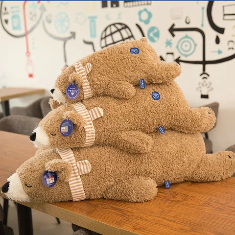 Soft Brown Polar Bear Plush Toy Sleeping Pillow With Striped Scarf Pearl Velvet PP Cotton Stuffed Animal For Kids Women Home Decor