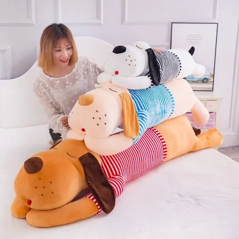Cute Lying Dog Plush Toy Long Sleeping Pillow With Striped Clothes Soft Stuffed Animal Dog Doll For Kids Adults Home Decor