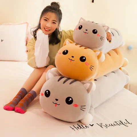 Cute Cartoon Cat Plush Toy Long Strip Shaped Kitten Stuffed Animal Pillow Cushion Soft Comfortable Home Sofa Decor Birthday Gift For Kids Girlfriend