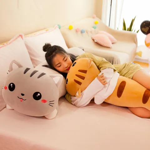 Cute Cartoon Cat Plush Toy Long Strip Shaped Kitten Stuffed Animal Pillow Cushion Soft Comfortable Home Sofa Decor Birthday Gift For Kids Girlfriend