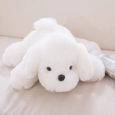 Mignon Jouet de Chien en Peluche Blanc Allongé Poupée de Chiot à Poils Longs Doux avec Collier pour Enfants Maison Voiture Cadeau de Décoration