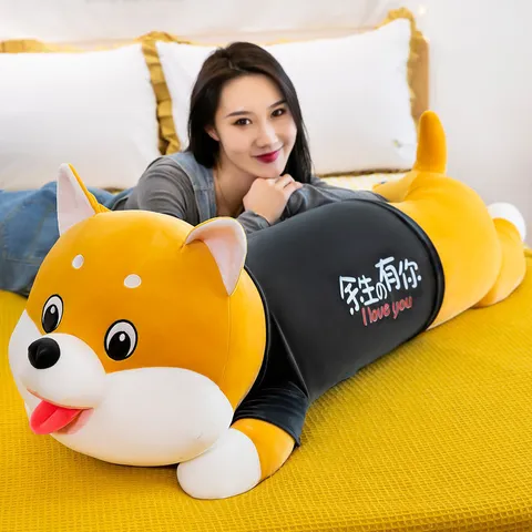 Süßes Shiba Inu Husky Plüschtier Langes Schlaf-Körperkissen Weiches Ausgestopftes Tier Hund Puppe Mit Kleidung Dekoratives Plüschtier Für Kinder Erwachsene Geburtstagsgeschenk
