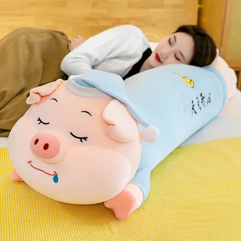 Large Sleeping Pig Plush Toy Long Pillow Soft Stuffed Animal Body Cushion Pink Blue Piggy Doll For Bed Sofa Girls Gift
