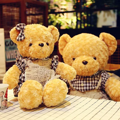 Vintage Couple Teddy Bear Plush Toy Stuffed Animal Long Plush Doll with Plaid Clothes Outfits Birthday Gift Home Ornament