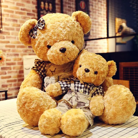 Vintage Couple Teddy Bear Plush Toy Stuffed Animal Long Plush Doll with Plaid Clothes Outfits Birthday Gift Home Ornament