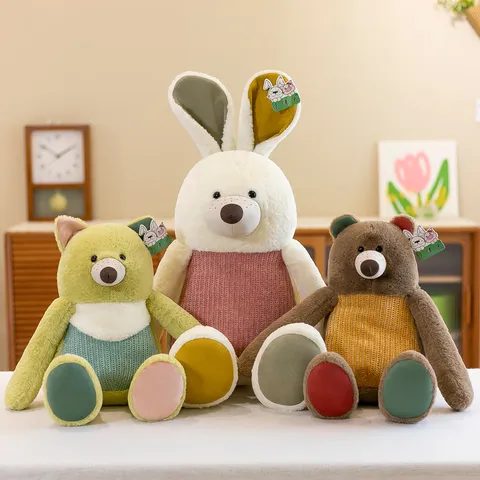 Jungle Three Brothers Forest Animal Plush Toy Soft Stuffed Bear Rabbit Fox Doll Patchwork Design Sleep Pillow For Kids Gift