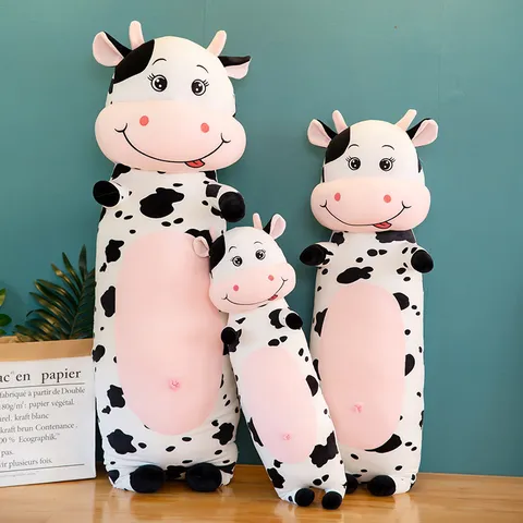 Super Soft Cow Plush Pillow Long Stuffed Animal Cow Doll Body Sleeping Pillow Birthday Gift for Kids Girls Black White Spot