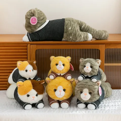 Cute Realistic Cat Plush Toy Wearing Knitted Sweater Prone Posture Kitten Doll Soft Stuffed Animal Home Decoration For Kids