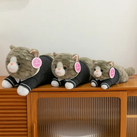 Cute Realistic Cat Plush Toy Wearing Knitted Sweater Prone Posture Kitten Doll Soft Stuffed Animal Home Decoration For Kids