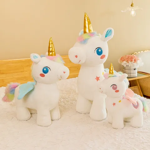 Giocattolo di Peluche Unicorno da Sogno Animale di Peluche Morbido Criniera Arcobaleno Corno d'Oro Ali Cuscino Regalo di Compleanno Bambine Bambini