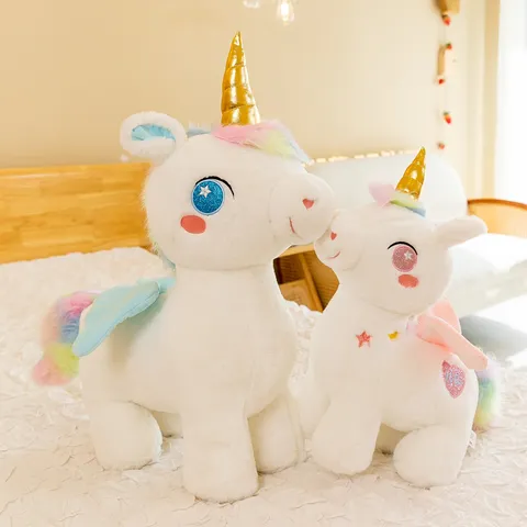 Giocattolo di Peluche Unicorno da Sogno Animale di Peluche Morbido Criniera Arcobaleno Corno d'Oro Ali Cuscino Regalo di Compleanno Bambine Bambini