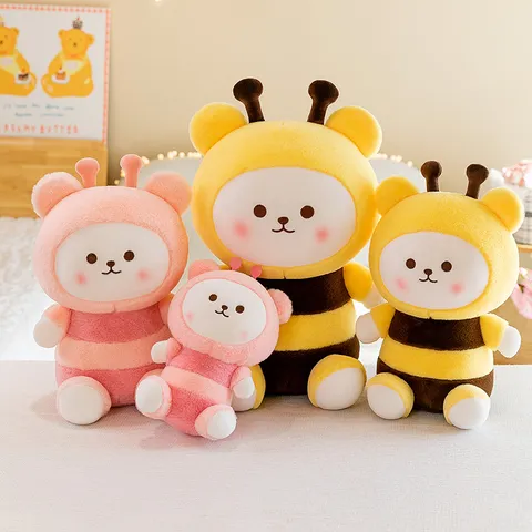 Cute Transforming Bee Teddy Bear Plush Toy Soft Stuffed Animal Doll Honeycomb Bee Dress Up Bear Toy Gift For Kids Girls Home Decor