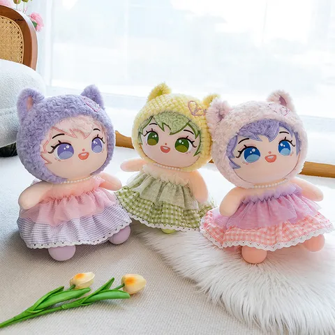 Linda Muñeca de Algodón de Peluche Con Capucha de Orejas de Gato Vestido de Encaje Collar de Perlas Artificiales Peluche Suave Regalo